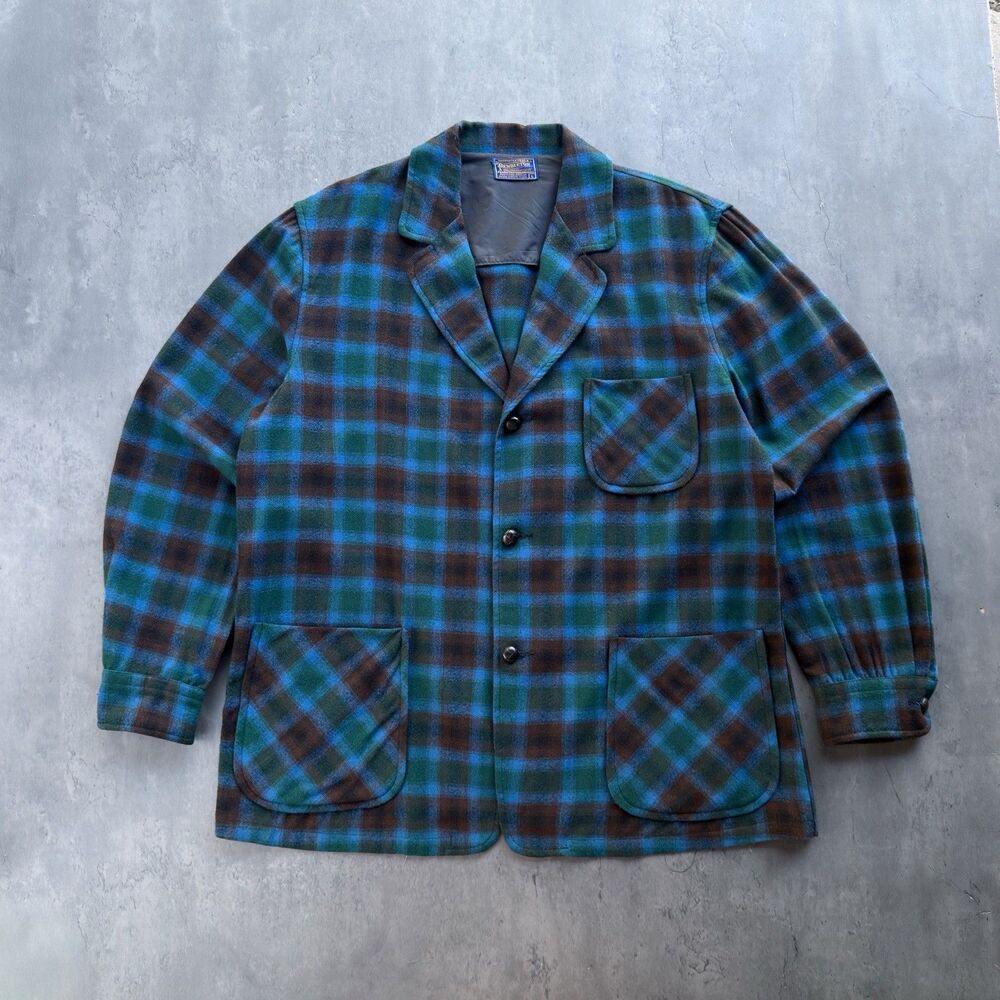 Vintage 1950s Pendleton Virgin Wool Plaid Blazer Jacket Mens L Blue Green